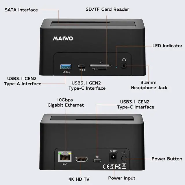 Alt view image 5 of 7 - Hard Drive Docking Station for 2.5 3.5 Inch SATA HDD SSD, USB 3.0/eSATA 5Gbps Speed with UASP, 24TB Capacity, External HDD Reader