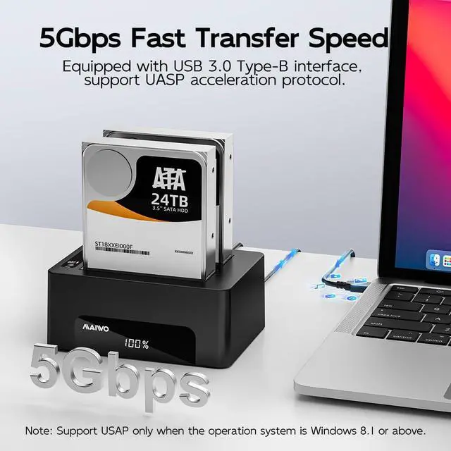 Alt view image 2 of 7 - Dual Bay Hard Drive Docking Station with Offline Clone for 2.5 3.5 Inch SATA HDD SSD, USB 3.0 5Gbps Speed with UASP, 48TB Capacity, External Hard Drive Duplicator Cloner