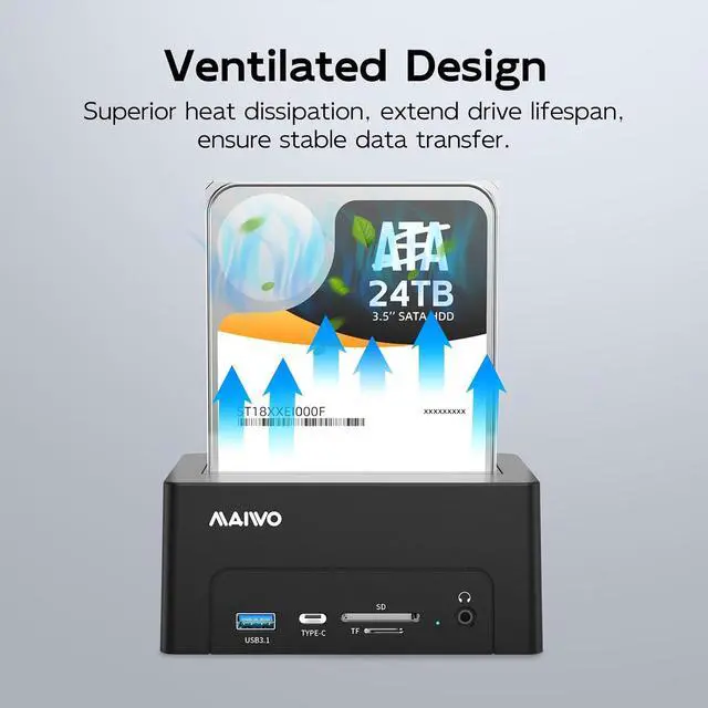 Alt view image 6 of 7 - Hard Drive Docking Station for 2.5 3.5 Inch SATA HDD SSD, USB 3.0/eSATA 5Gbps Speed with UASP, 24TB Capacity, External HDD Reader