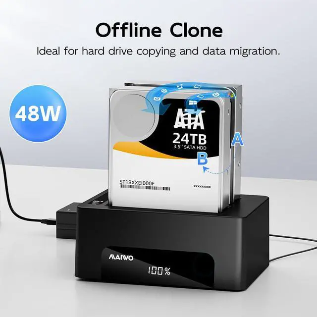 Alt view image 5 of 7 - Dual Bay Hard Drive Docking Station with Offline Clone for 2.5 3.5 Inch SATA HDD SSD, USB 3.0 5Gbps Speed with UASP, 48TB Capacity, External Hard Drive Duplicator Cloner