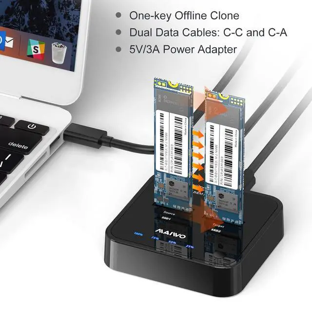 Alt view image 4 of 7 - NVMe Cloner M.2 Duplicator for PCIe NVMe M Key SSD, USB C to SSD Adapter, Dual Bay Hard Drive Docking Station Reader with UASP, 20Gbps USB C&A Cables, 5V 3A Power