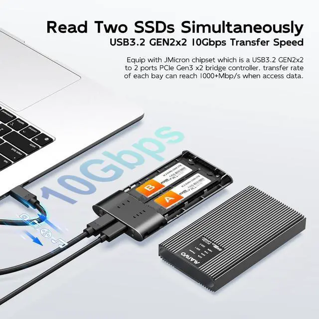 Alt view image 2 of 6 - NVMe Cloner Duplicator, Dual Bay M.2 NVMe SSD Enclosure Reader, 20Gbps USB3.2 GEN2x2, Support M.2 PCIE NVME M Key SSD, Tool Free, All Aluminum