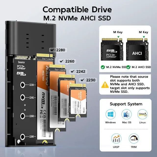 Alt view image 4 of 6 - NVMe Cloner Duplicator, Dual Bay M.2 NVMe SSD Enclosure Reader, 20Gbps USB3.2 GEN2x2, Support M.2 PCIE NVME M Key SSD, Tool Free, All Aluminum