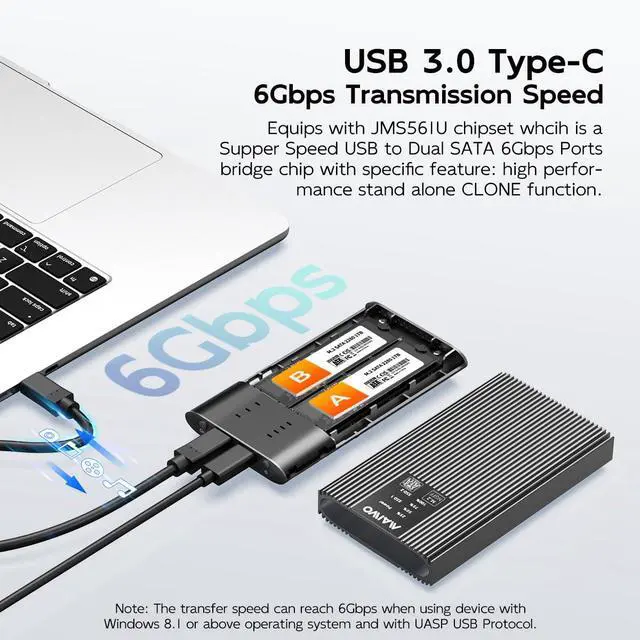 Alt view image 2 of 6 - M.2 SATA Cloner Duplicator, Dual Bay M.2 SATA SSD Enclosure Reader, 5Gbps USB3.1 Type-C, Support M.2 NGFF SATA B+M Key SSD, Tool Free, All Aluminum