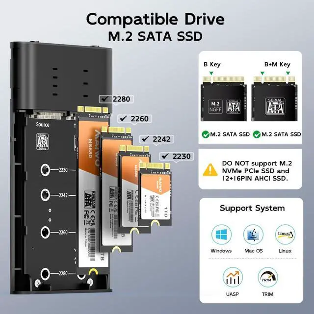 Alt view image 4 of 6 - M.2 SATA Cloner Duplicator, Dual Bay M.2 SATA SSD Enclosure Reader, 5Gbps USB3.1 Type-C, Support M.2 NGFF SATA B+M Key SSD, Tool Free, All Aluminum