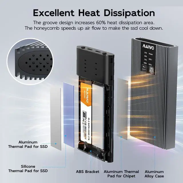 Alt view image 5 of 6 - M.2 SATA Cloner Duplicator, Dual Bay M.2 SATA SSD Enclosure Reader, 5Gbps USB3.1 Type-C, Support M.2 NGFF SATA B+M Key SSD, Tool Free, All Aluminum