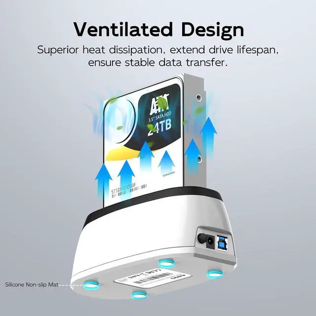 Alt view image 5 of 7 - Hard Drive Docking Station for 2.5 3.5 Inch SATA HDD SSD, 24TB Capacity, 12V 2A Power Supply, USB 3.0 to External Hard Drive Adapter Reader Case