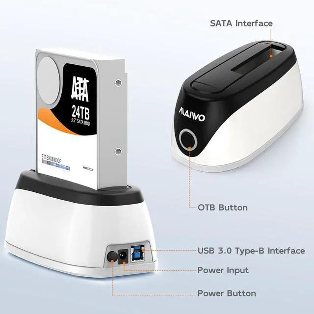 Alt view image 7 of 7 - Hard Drive Docking Station for 2.5 3.5 Inch SATA HDD SSD, 24TB Capacity, 12V 2A Power Supply, USB 3.0 to External Hard Drive Adapter Reader Case
