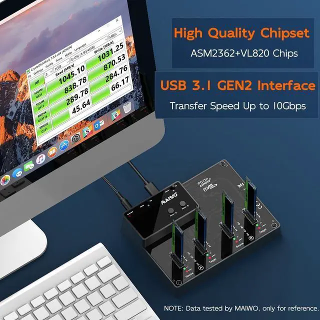 Alt view image 3 of 7 - M.2 NVMe SSD Cloner Duplicator, USB 3.1 GEN2 10Gbps Speed, 8TB Capacity, Support Two Group 1:1 Clone, M.2 PCIE NVMe 4 Bay Docking Station