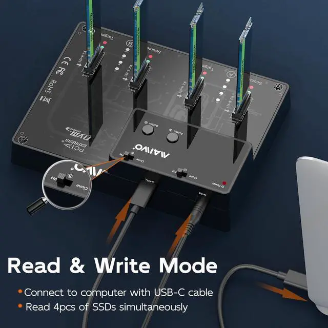 Alt view image 5 of 7 - M.2 NVMe SSD Cloner Duplicator, USB 3.1 GEN2 10Gbps Speed, 8TB Capacity, Support Two Group 1:1 Clone, M.2 PCIE NVMe 4 Bay Docking Station