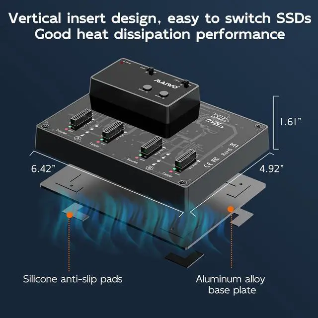 Alt view image 6 of 7 - M.2 NVMe SSD Cloner Duplicator, USB 3.1 GEN2 10Gbps Speed, 8TB Capacity, Support Two Group 1:1 Clone, M.2 PCIE NVMe 4 Bay Docking Station