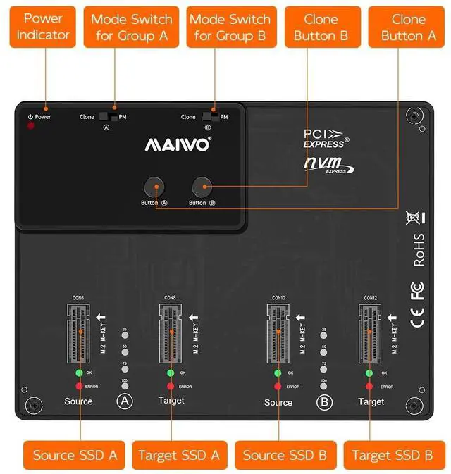 Alt view image 7 of 7 - M.2 NVMe SSD Cloner Duplicator, USB 3.1 GEN2 10Gbps Speed, 8TB Capacity, Support Two Group 1:1 Clone, M.2 PCIE NVMe 4 Bay Docking Station