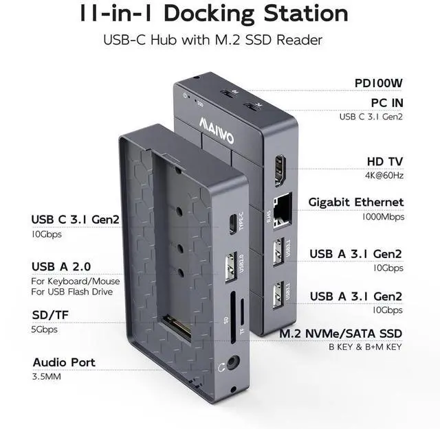 Alt view image 2 of 7 - USB-C Hub with M.2 SSD Enclosure, 11-in-1 Laptop Docking Station with 4K@60Hz, 100W PD, 1000Mbps Ethernet, SD/TF Card Slot, 10Gbps M.2 NVMe/SATA Slot, USB X4