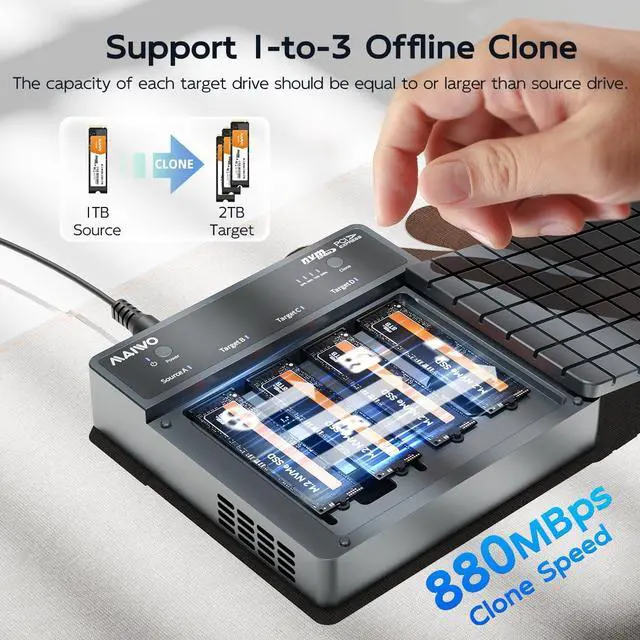 Alt view image 2 of 7 - 4 Bay NVMe Cloner Enclosure USB4 40Gbps, M.2 PCIe NVMe SSD Reader Duplicator 1-to-3 Clone with Cooling Fan, Compatible with Thunderbolt4/3 USB4/3.2/3.1/3.0