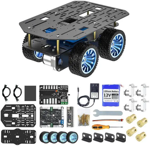 Main image of 4WD Smart Chassis Car Kit with Aluminum Alloy Chassis,520 Encoder Motor,65mm Wheels,Robotic Moving Platform (Black, Unassembled) with Battery