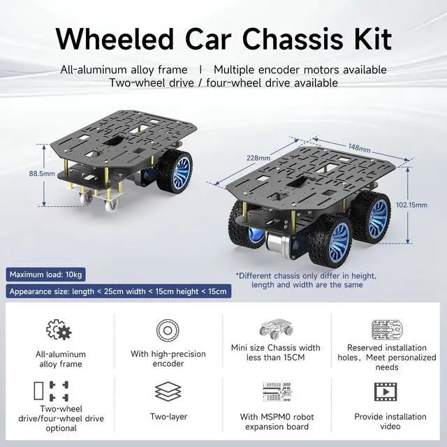 Alt view image 3 of 7 - Smart Chassis Car 2WD Kit with 520 Encoder Motor,Aluminum Alloy Frame,with Expansion Board Driver,for DIY Educational Robot Car Kit(Unassembled) with Battery