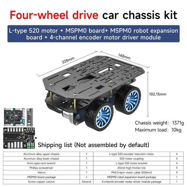 Alt view image 7 of 7 - 4WD Smart Chassis Car Kit with Aluminum Alloy Chassis,520 Encoder Motor,65mm Wheels,Robotic Moving Platform (Black, Unassembled) (Without Battery)