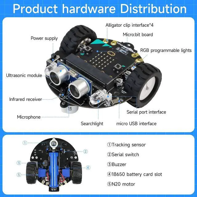 Alt view image 5 of 7 - Microbit V2 Robot Intelligent Obstacle Avoidance Follow Makecode Graphical Programming Python Programmingwith Microbit V2 Pre-Assembled Battery Pack