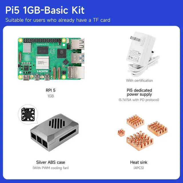 Alt view image 7 of 7 - Pi 5 1GB Kit with 27W 5.1V5A USB-C Power Supply,Pi5 1GB Board,64GB ABS Case
