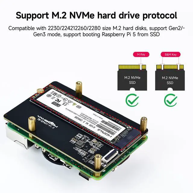 Alt view image 4 of 7 - M.2 NVMe to PCIe Adapter M.2 HAT+ for Raspberry Pi5 Support M.2 NVMe SSD 2230 2242 2260 2280 Support Install Pi5 Heatsink with 256GB M.2 SSD Nvme (PCIe Adapter+256GB SSD)