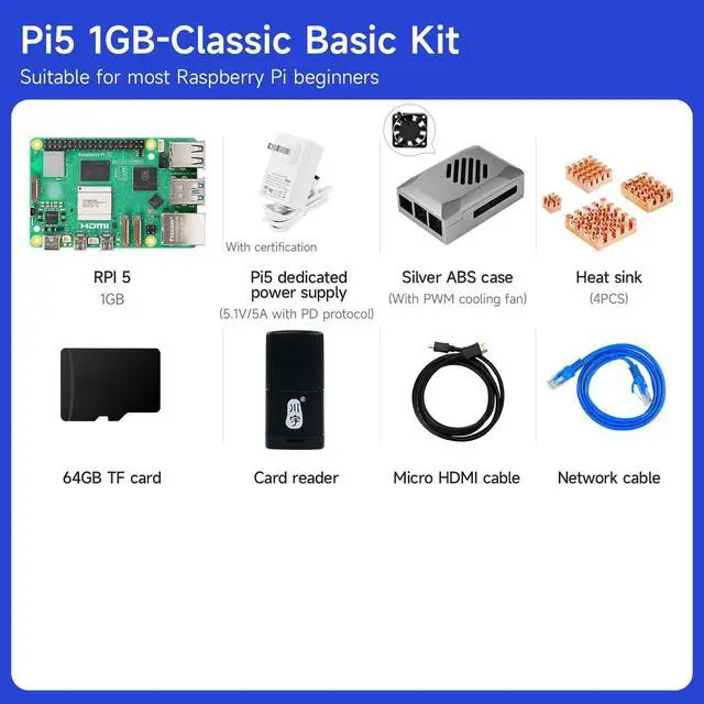 Alt view image 7 of 7 - RPi 5 RAM 1GB with 64GB Edition RPi OS 27W 5.1V5A USB-C Power Supply,Pi5 1GB Board,64GB Card Readers Kit,Pi 5 Case