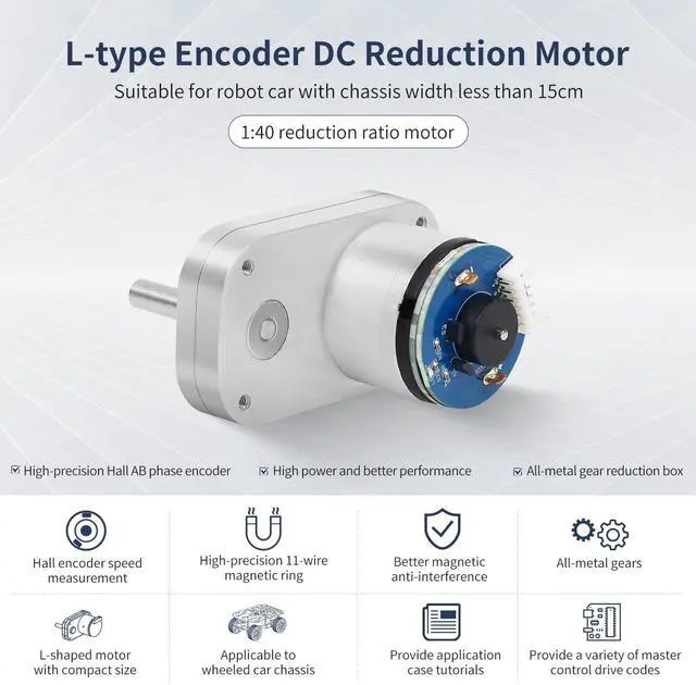 Alt view image 2 of 7 - DC Metal Gear Motor with Hall Encoder,Suitable for Small Wheelbase Robots (300RPM) 1:40 Reduction Ratio,for RC Car Chassis DIY (L-Type 520 Motor+Wheel)