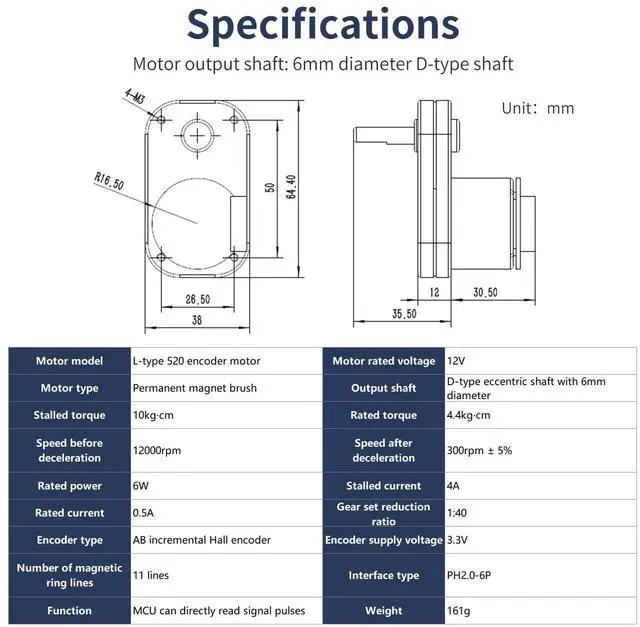 Alt view image 3 of 7 - DC Metal Gear Motor with Hall Encoder,Suitable for Small Wheelbase Robots (300RPM) 1:40 Reduction Ratio,for RC Car Chassis DIY (L-Type 520 Motor)