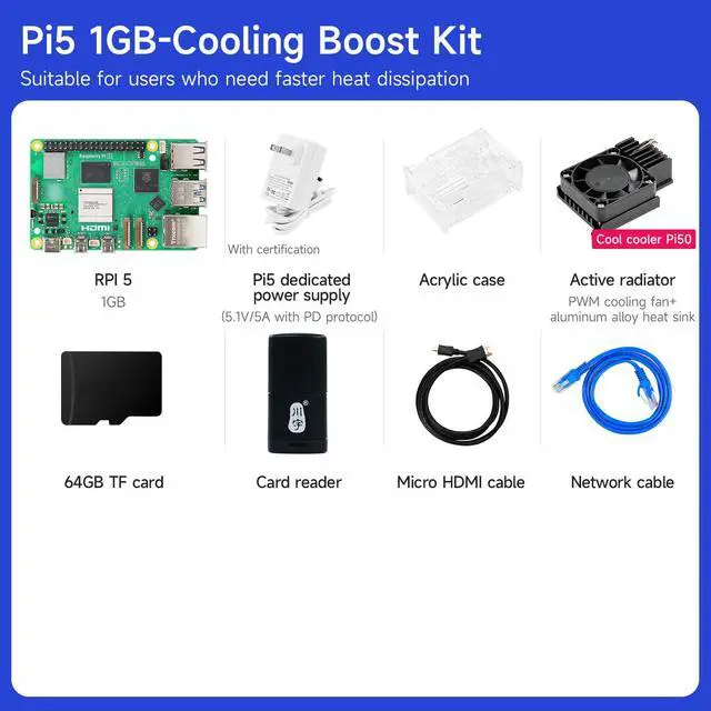 Alt view image 7 of 7 - RPi 5 1GB Basic Kit Including Pi 5 1GB Board, Pi 5 Case and Active Cooler (1GB RAM)