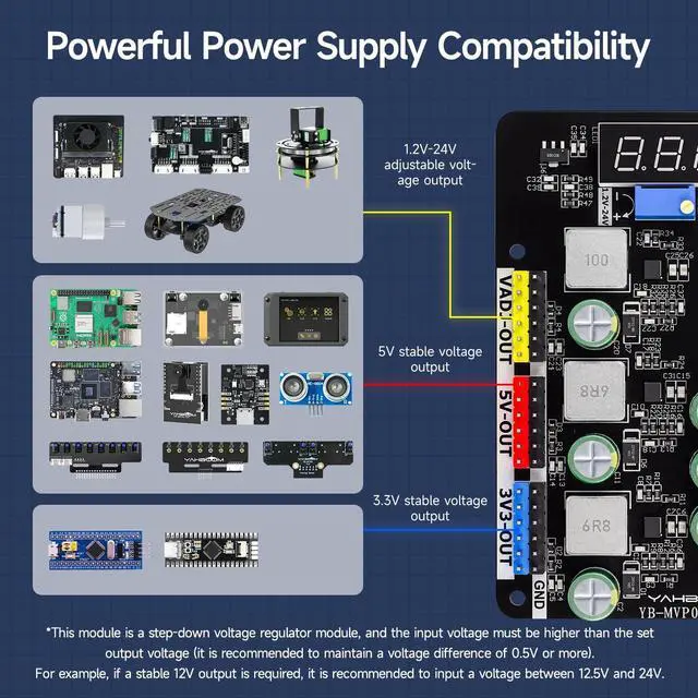 Alt view image 2 of 7 - Adjustable Voltage Regulator Module DC-DC Power Supply 3.3V/5V Fixed & 1.2V-24V Adjustable Output, MP2491C with Digital Display & Protection for Smart Car Robot (Module + T-Plug Cable)