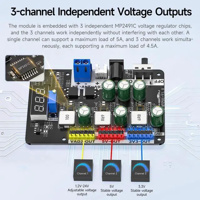 Alt view image 5 of 7 - Adjustable Voltage Regulator Module DC-DC Power Supply 3.3V/5V Fixed & 1.2V-24V Adjustable Output, MP2491C with Digital Display & Protection for Smart Car Robot (Module + T-Plug Cable)