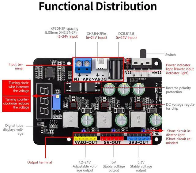 Alt view image 7 of 7 - Adjustable Voltage Regulator Module DC-DC Power Supply 3.3V/5V Fixed & 1.2V-24V Adjustable Output, MP2491C with Digital Display & Protection for Smart Car Robot (Module + T-Plug Cable)