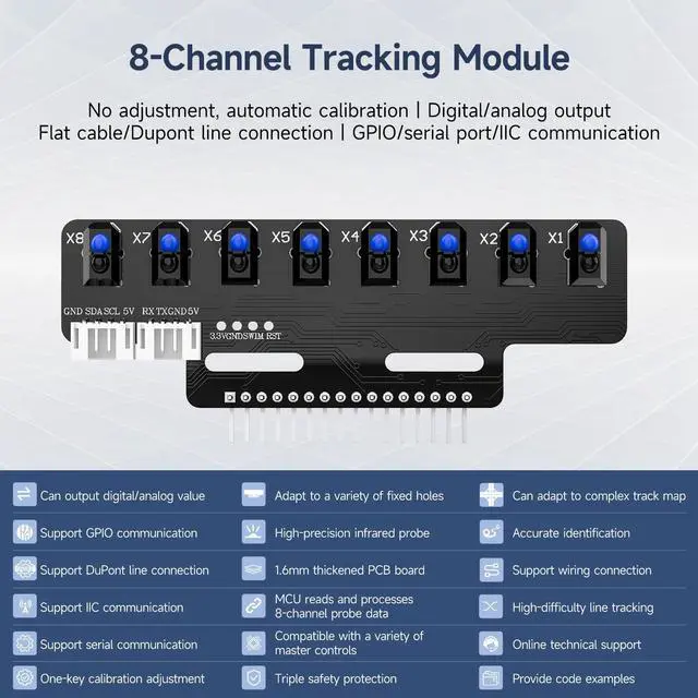 Alt view image 3 of 7 - 8-Channel Line Patrol Module Sensor 10 Pin,GPIO/IIC/USART,Suitable for RaspberryPi/STM32/UNO/Electronic Projects (8-Channel Module+PH2.0+Dupont Line+Copper Column)