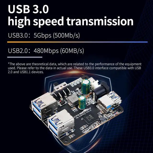 Alt view image 3 of 7 - 4 Port USB 3.0 Hub for Raspberry Pi Jetson Nano ROS Robot, Compatible with USB 3.0/2.0/1.1 Driver-Free Plug&Play, Onboard External USB-A5V (Micro-USB)9~24V Power Port, for High-Power Device