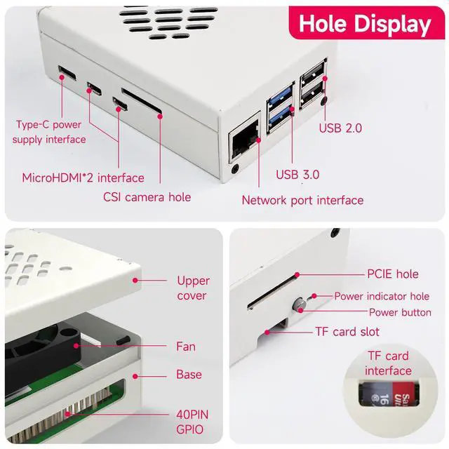 Alt view image 3 of 7 - Case for Raspberry Pi 5 Black White Metal Cooling Protective Case with Speed-Adjustable Fan Anti-Collision (White)
