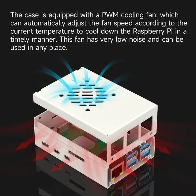 Alt view image 5 of 7 - Case for Raspberry Pi 5 Black White Metal Cooling Protective Case with Speed-Adjustable Fan Anti-Collision (White)