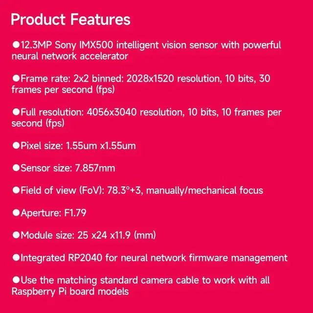 Alt view image 2 of 7 - Official Pi AI Camera 12MP,IMX500 Vision Sensor,78.3°FOV Based on The IMX500 Intelligent Vision Sensor Compatible with Pi5/4B (RPi AI Camera)