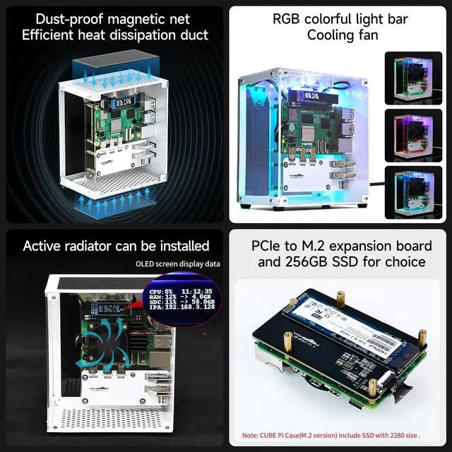 Alt view image 5 of 7 - Raspberry Pi 5 Case, Aluminum Mini Tower Case with Cooling PWM Fan and RGB Color Changing Mood Light (Basic Version)