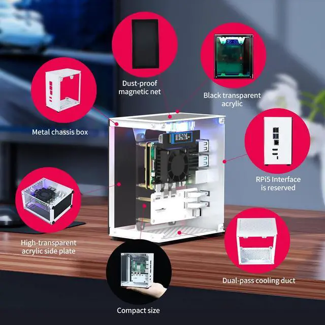 Alt view image 2 of 7 - Raspberry Pi 5 Case, Aluminum Mini Tower Case with Cooling PWM Fan and RGB Color Changing Mood Light (Basic Version)