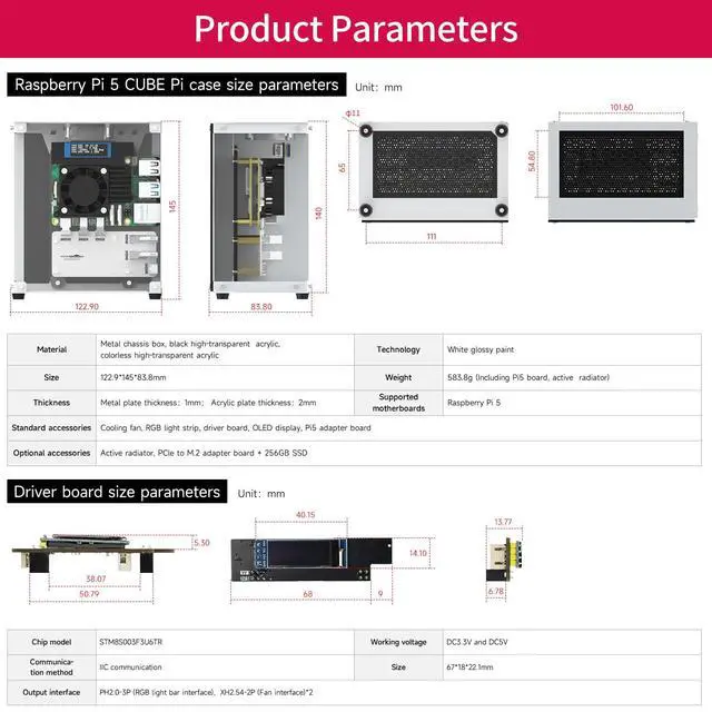 Alt view image 7 of 7 - Raspberry Pi 5 M.2 SSD PCIe Mini PC Case for Pi 5 with Tower Radiator,RGB Fan,OLED Display,with M.2 to Adapter,256GB NVME SSD