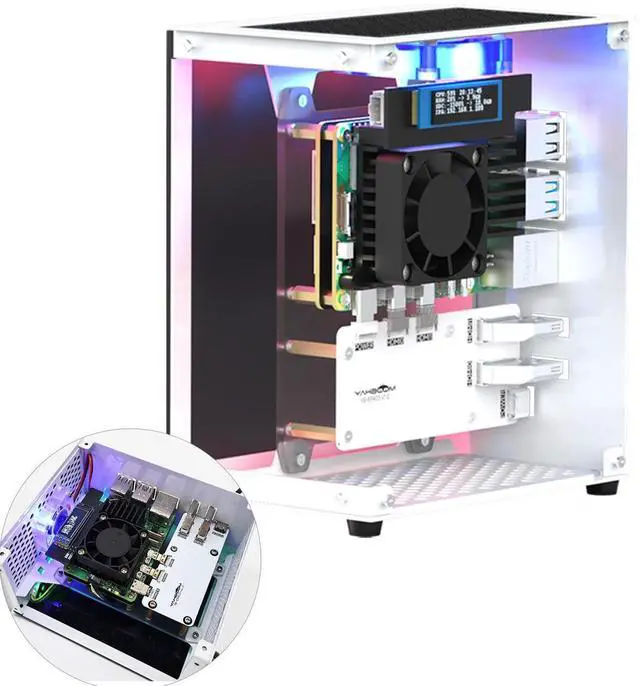 Main image of RPi 5 Case,Micro Desktop Aluminum Case with Pi5 Active Cooler,PWM Fan, RGB Lightint Bar,Mini Tower PC Case,OLED Display