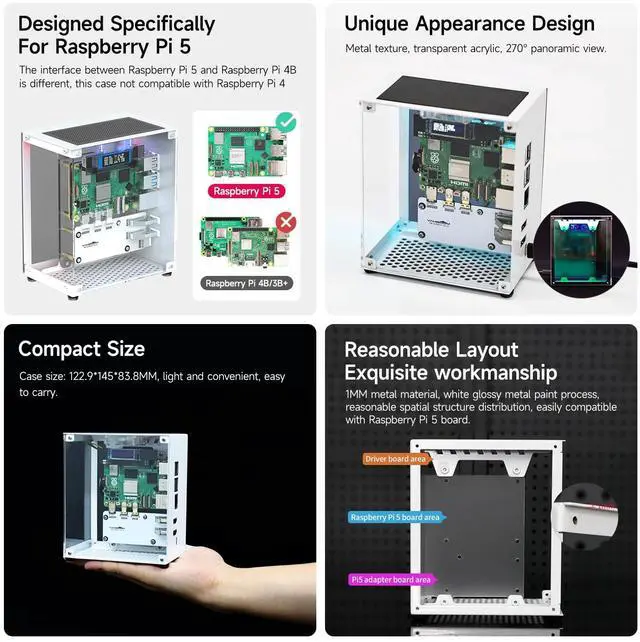 Alt view image 3 of 7 - Raspberry Pi 5 Case, Aluminum Mini Tower Case with Cooling PWM Fan and RGB Color Changing Mood Light (Basic Version)