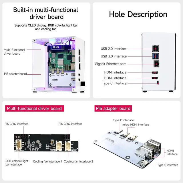 Alt view image 7 of 7 - Raspberry Pi 5 Case, Aluminum Mini Tower Case with Cooling PWM Fan and RGB Color Changing Mood Light (Basic Version)