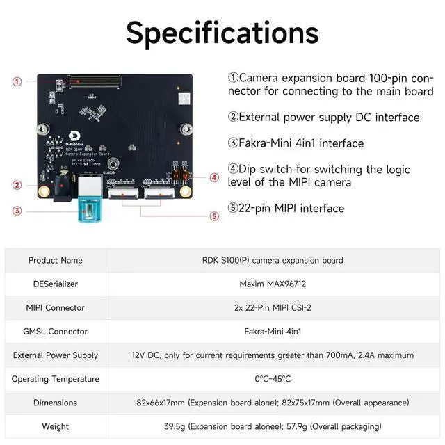 Alt view image 4 of 7 - D-Robotics RDK S100/S100P Camera Expansion Board, Designed for RDK S100/S100P Development Kit, Suitable for Multiple Visual Development Scenarios