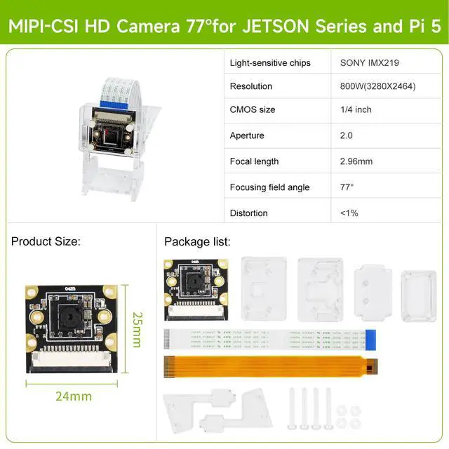 Alt view image 7 of 7 - 8MP IMX219 CSI Camera Compatible with Jetson Series Raspberry Pi5 Developer Kit 3280×2464 Vision IR 77°/120°/160° Ultra Wide Angle Camera Module (IMX219 77°Camera+15/22pin)