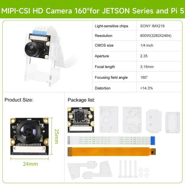 Alt view image 7 of 7 - 8MP IMX219 CSI Camera Compatible with Jetson Orin Super Kit 3280×2464 Vision IR 160° Ultra Wide Angle Camera Module (IMX219 160°Camera+15/22pin)