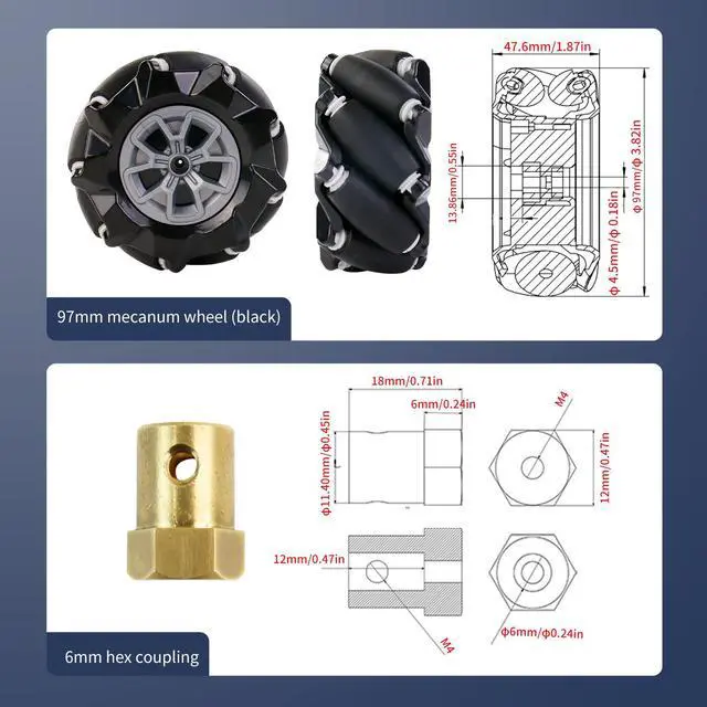 Alt view image 4 of 7 - Mecanum Wheel 65mm 80mm 97mm Omni Wheel with 6mm Hexagonal Metal Coupling Motor Connector Tire for AGV Smart Robot (97mm black mecanum wheel *4)