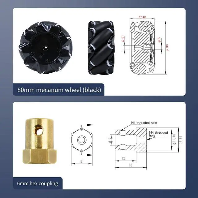 Alt view image 2 of 7 - Mecanum Wheel 80mm ABS Omni Wheel with 6mm Hexagonal Metal Coupling Motor Connector Tire for AGV Smart Robot