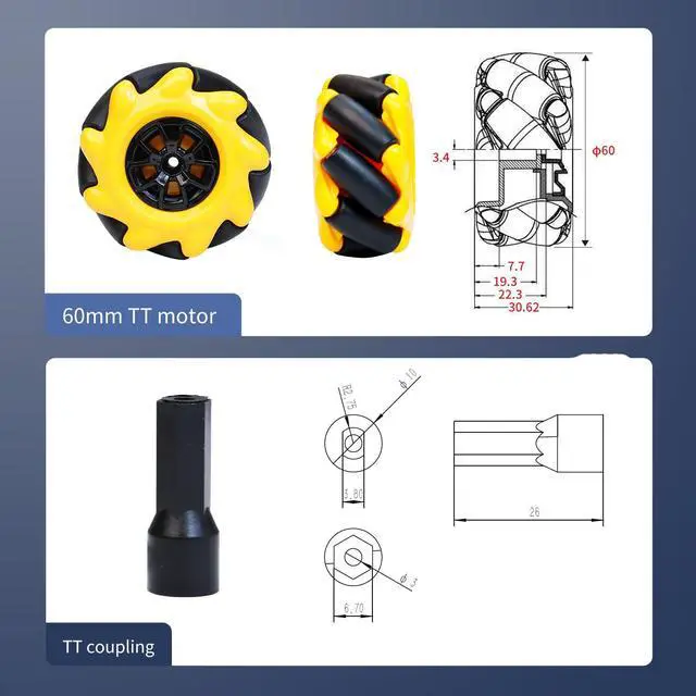 Alt view image 4 of 7 - Mecanum Wheel 60 Omni Wheel with 4mm Hexagonal Metal Coupling Motor Connector Tire for AGV Smart Robot (60mm yellow mecanum wheel*4)