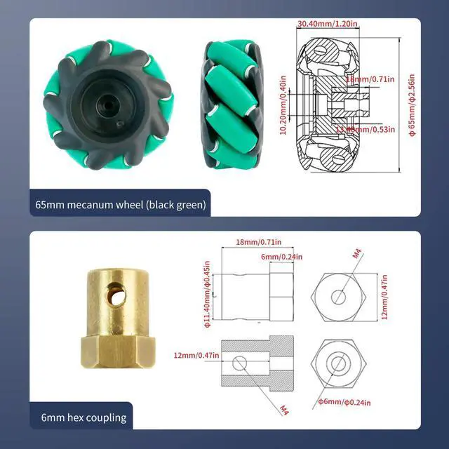 Alt view image 2 of 7 - Mecanum Wheel 65mm Omni Wheel with 6mm Hexagonal Metal Coupling Motor Connector Tire for AGV Smart Robot (65mm black-green mecanum wheel *4)