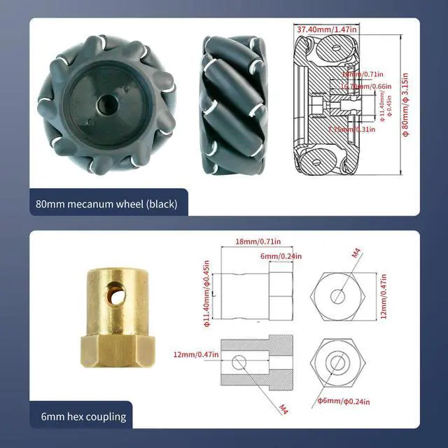 Alt view image 3 of 7 - Mecanum Wheel 65mm 80mm 97mm Omni Wheel with 6mm Hexagonal Metal Coupling Motor Connector Tire for AGV Smart Robot (80mm black mecanum wheel *4)
